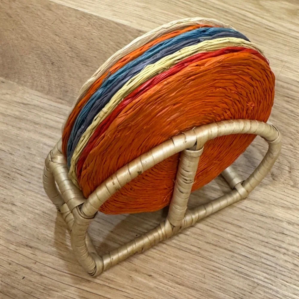 Vintage Woven Raffia Coasters Set of 8 with Wicker Holder Multicolor Boho‎ Decor